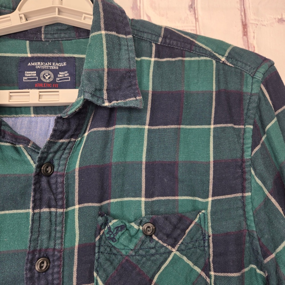 Y2K American Eagle Outfitters Mens Athletic Fit Flannel Shirt Green Navy Plaid L - Picture 2 of 10